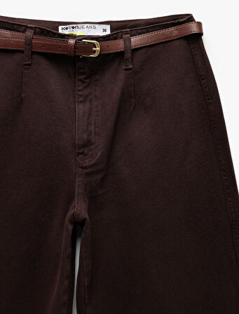 Düğmeli Kesik Geniş Paça Kemerli Pantolon - Wide Leg Jeans