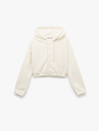 Uzun Kollu Crop Fermuarlı Kapüşonlu Peluş Polar Pijama Üstü
