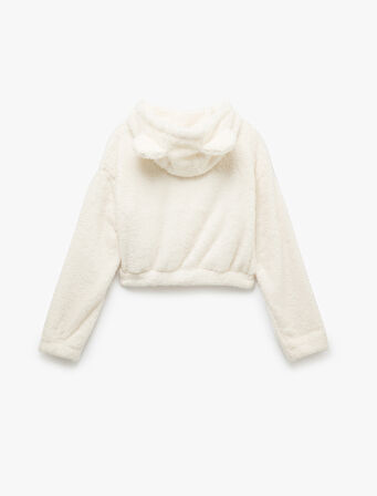 Uzun Kollu Crop Fermuarlı Kapüşonlu Peluş Polar Pijama Üstü
