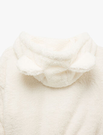 Uzun Kollu Crop Fermuarlı Kapüşonlu Peluş Polar Pijama Üstü