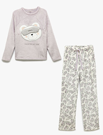 Rahat Kalıp Ayıcık Aplike Detaylı Uzun Kollu Peluş Polar Pijama Takımı