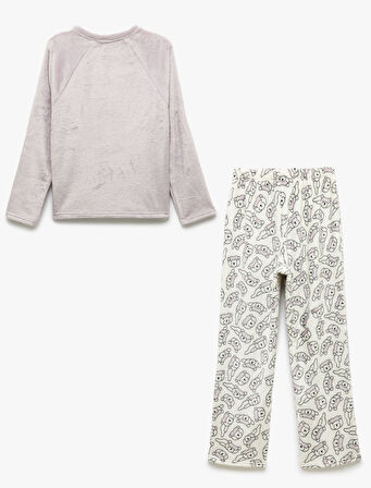 Rahat Kalıp Ayıcık Aplike Detaylı Uzun Kollu Peluş Polar Pijama Takımı