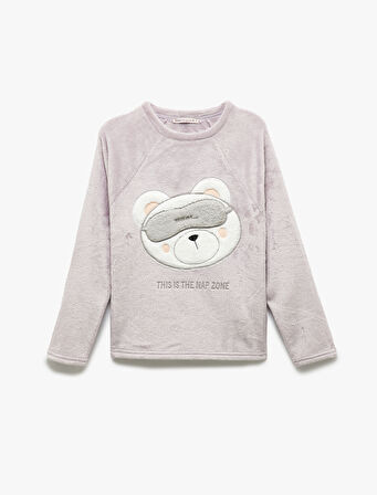 Rahat Kalıp Ayıcık Aplike Detaylı Uzun Kollu Peluş Polar Pijama Takımı