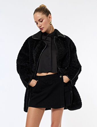 Bonded Kaban Oversize Peluş Düğmeli Cepli Kruvaze Uzun Kollu