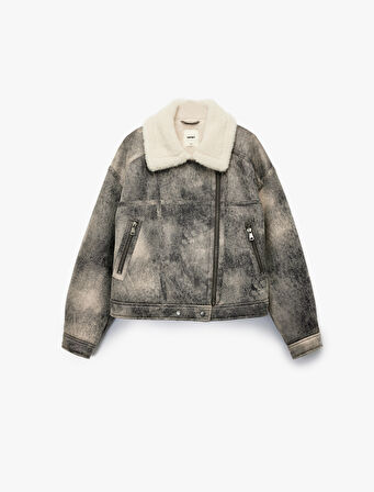 Cepli Fermuarlı Eskitilmiş Süet Görünümlü İçi Suni Kürklü Crop Biker Mont