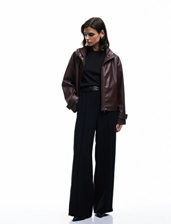 Astarlı Uzun Kollu Dik Yaka Fermuarlı Suni Deri Ceket