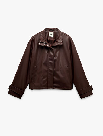 Astarlı Uzun Kollu Dik Yaka Fermuarlı Suni Deri Ceket