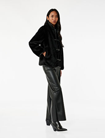 Uzun Kollu Düğmeli Kruvaze Peluş Ceket