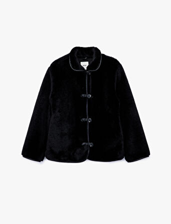 Uzun Kollu Düğmeli Kruvaze Peluş Ceket