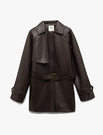 Rüzgar Kapak Detaylı Cepli Kemerli Uzun Kollu Suni Deri Ceket