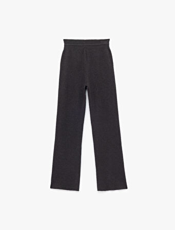 Beli Bağcıklı Cepli Yüksek Bel Düz Bol Paça Triko Pantolon