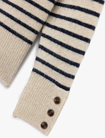 Uzun Kollu Dik Yaka Yarım Düğmeli Triko Oversize Çizgili Kazak