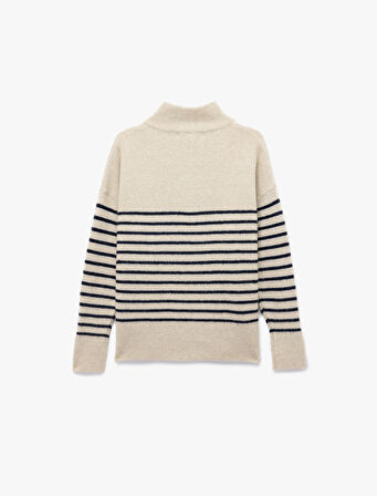 Uzun Kollu Dik Yaka Yarım Düğmeli Triko Oversize Çizgili Kazak