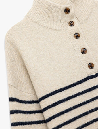 Uzun Kollu Dik Yaka Yarım Düğmeli Triko Oversize Çizgili Kazak