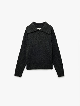 Regular Fit Uzun Kollu Yarım Düğme Detaylı Geniş Polo Yaka Triko Kazak