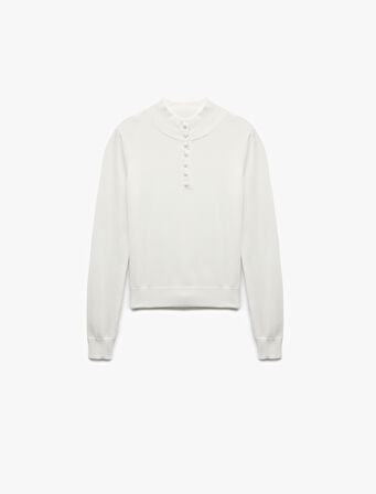 Hafif Dik Yaka Yarım Düğme Detaylı Uzun Kollu Triko Basic Kazak