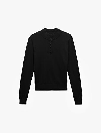 Hafif Dik Yaka Yarım Düğme Detaylı Uzun Kollu Triko Basic Kazak