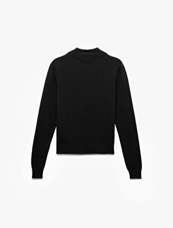 Hafif Dik Yaka Yarım Düğme Detaylı Uzun Kollu Triko Basic Kazak