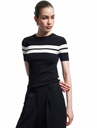 Viskon Kumaş Kısa Kollu Bisiklet Yaka Triko Sweatshirt