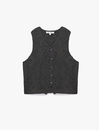 Crop V Yaka Kolsuz Düğmeli Basic Triko Yelek