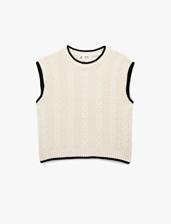 Saç Örgü Dokulu Kolsuz Biyeli Bisiklet Yaka Süveter