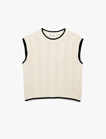 Saç Örgü Dokulu Kolsuz Biyeli Bisiklet Yaka Süveter