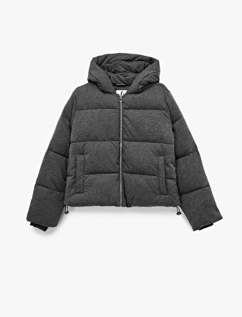 Kapüşonlu Uzun Kollu Fermuarlı Cep Detaylı Kapitoneli Anorak Şişme Mont