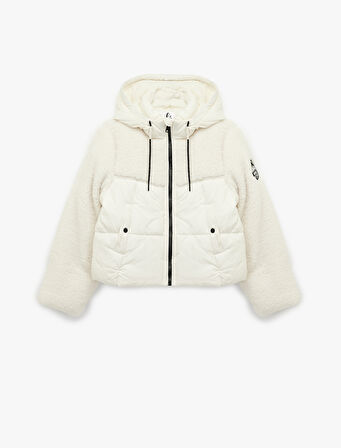 Kapüşonlu Uzun Kollu Peluş Detaylı Baskılı Şişme Mont