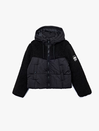 Kapüşonlu Uzun Kollu Peluş Detaylı Baskılı Şişme Mont