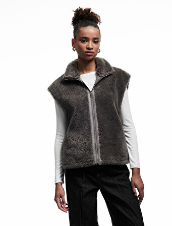 Fermuarlı Uzun Şal Yaka Peluş Yelek