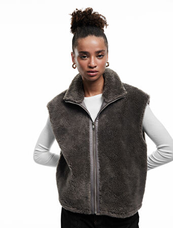 Fermuarlı Uzun Şal Yaka Peluş Yelek