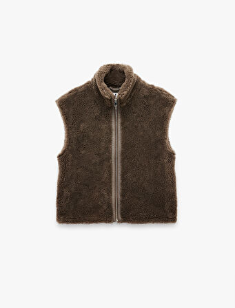 Fermuarlı Uzun Şal Yaka Peluş Yelek