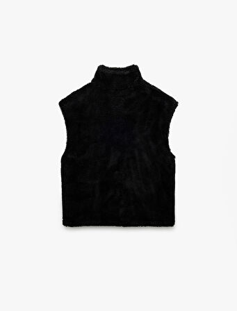 Fermuarlı Uzun Şal Yaka Peluş Yelek