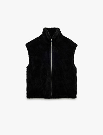 Fermuarlı Uzun Şal Yaka Peluş Yelek