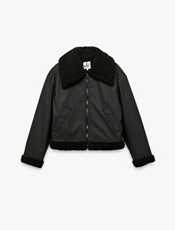 Uzun Kollu Fermuarlı Peluş Yaka Cep Detaylı Su İtici Oversize Ceket