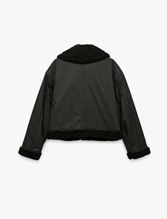 Uzun Kollu Fermuarlı Peluş Yaka Cep Detaylı Su İtici Oversize Ceket