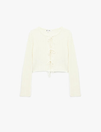 Uzun Kollu Bisiklet Yaka Bağlama Detaylı Triko Hırka