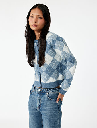 Düğmeli Uzun Kollu Bisiklet Yaka Baklava Desenli Triko Hırka