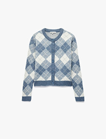 Düğmeli Uzun Kollu Bisiklet Yaka Baklava Desenli Triko Hırka