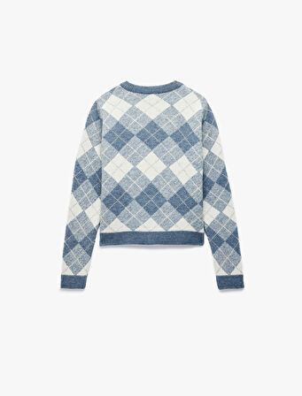 Düğmeli Uzun Kollu Bisiklet Yaka Baklava Desenli Triko Hırka