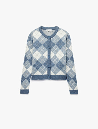 Düğmeli Uzun Kollu Bisiklet Yaka Baklava Desenli Triko Hırka