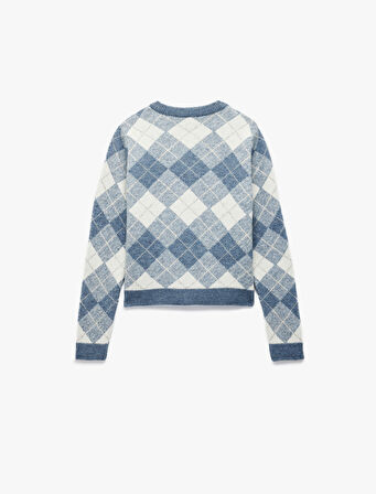 Düğmeli Uzun Kollu Bisiklet Yaka Baklava Desenli Triko Hırka