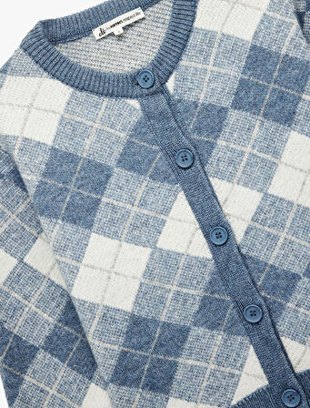 Düğmeli Uzun Kollu Bisiklet Yaka Baklava Desenli Triko Hırka