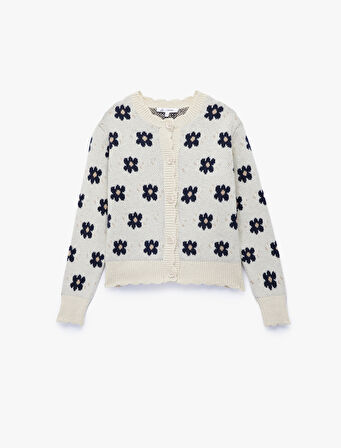 Uzun Kollu Bisiklet Yaka Jakarlı Düğmeli Çiçekli Triko Hırka