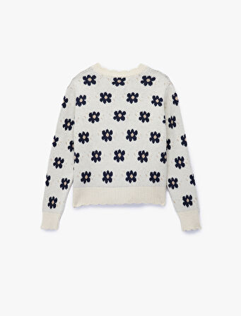 Uzun Kollu Bisiklet Yaka Jakarlı Düğmeli Çiçekli Triko Hırka