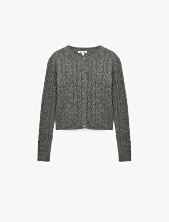 Düğmeli Bisiklet Yaka Uzun Kollu Saç Örgüsü Dokulu Triko Hırka