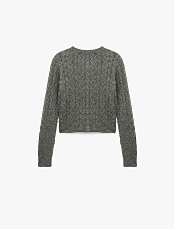 Düğmeli Bisiklet Yaka Uzun Kollu Saç Örgüsü Dokulu Triko Hırka