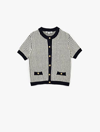 Düğmeli Cep Detaylı Bisiklet Yaka Kısa Kollu Triko Hırka