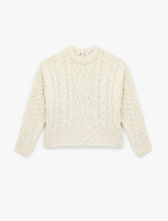 Saç Örgü Dokulu Uzun Kollu Bisiklet Yaka İnci Detaylı Triko Kazak