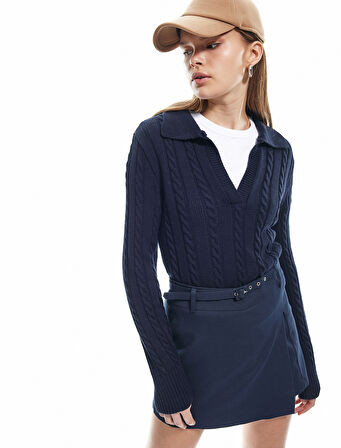 Saç Örgü Dokulu Polo Yaka Uzun Kollu Triko Kazak